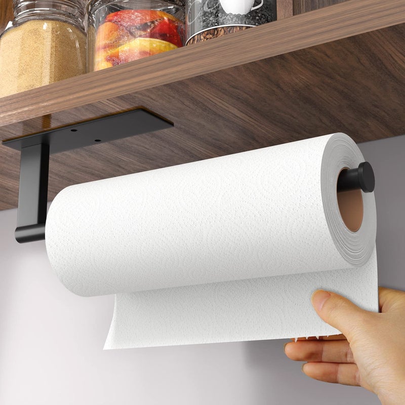 susswiff Paper Towel Holder Under Cabinet - Stainless Steel Paper Towel Holder Wall Mount  Self-Adhesive or Drilling  Matte Black Towel Rack for Kitchen Organization and Storage  Kitchen Paper Roll Holder - Image 1